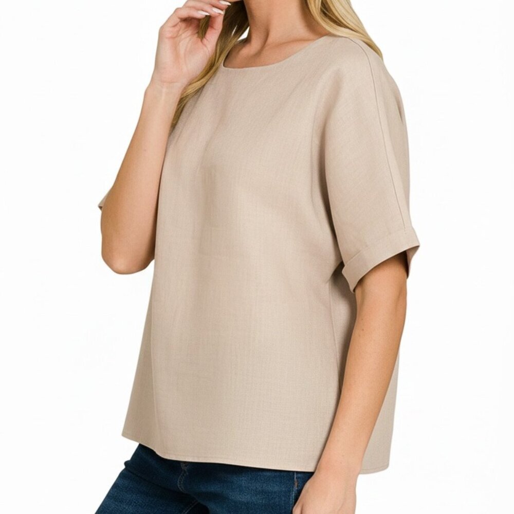 NWT Zenana Linen Round Neck Cuffed Sleeve Top